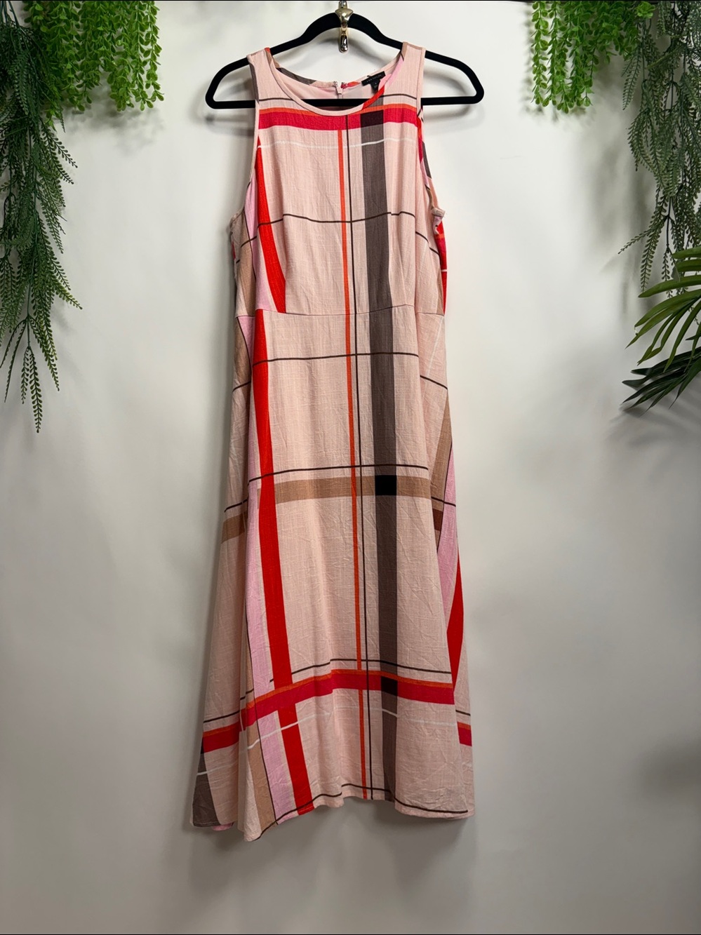 Ann Taylor Pink, Red and Gray linen blend Midi Dress